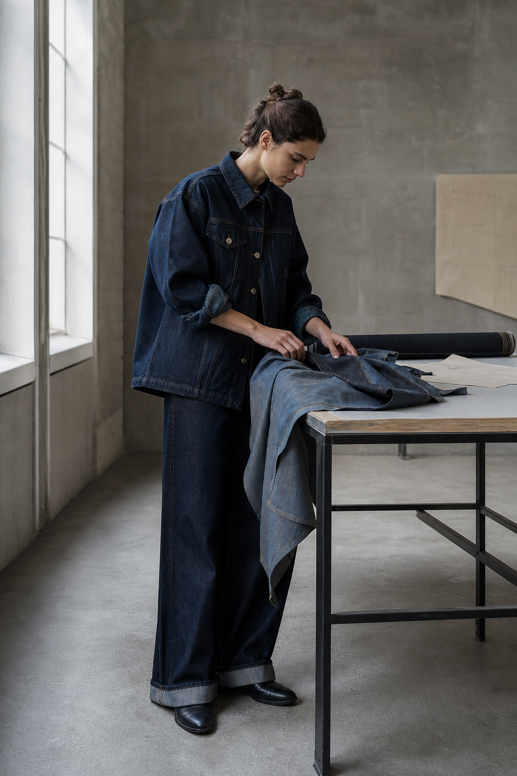 A designer studying the construction of a denim prototype in a quiet atelier