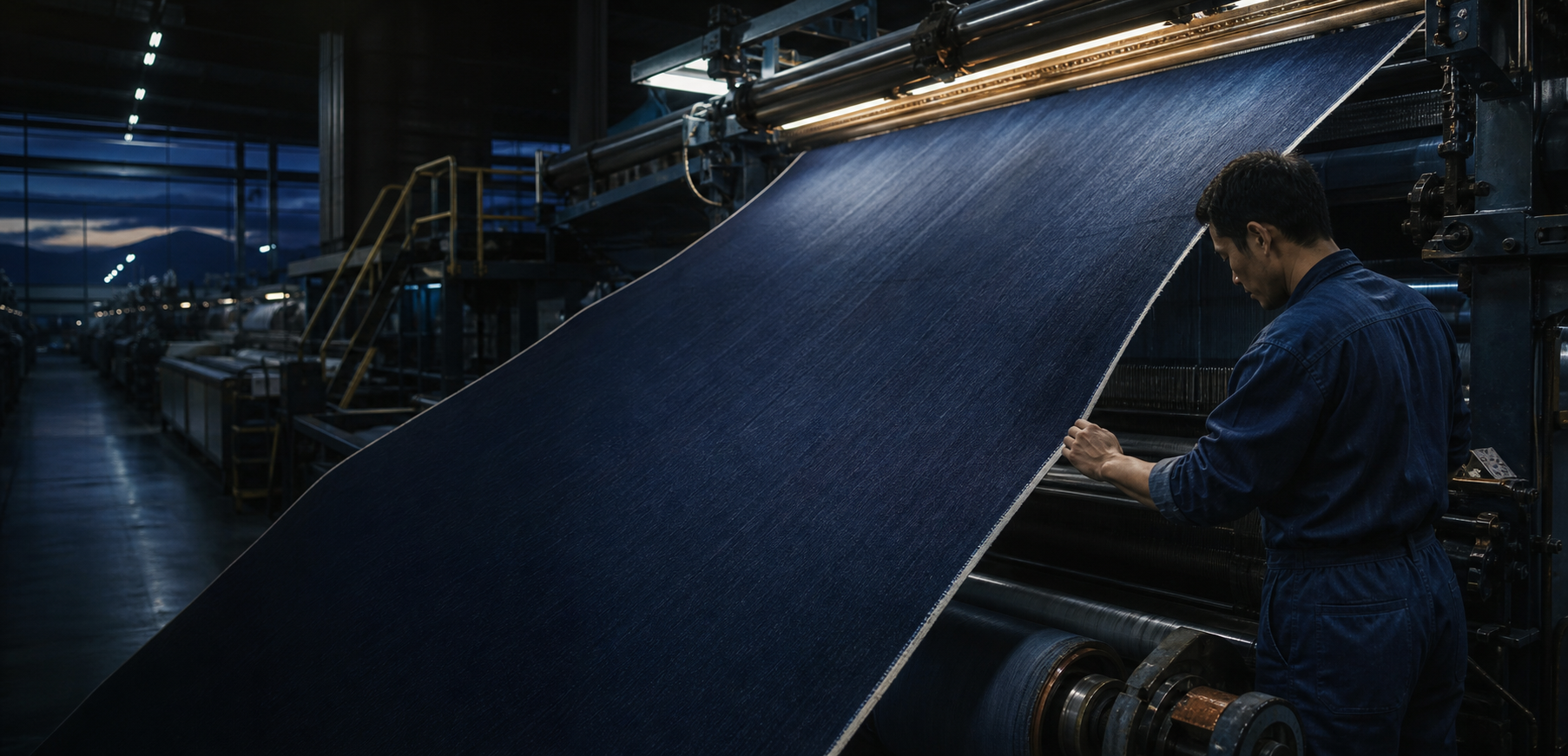 A textile specialist inspecting a wide sheet of indigo denim in a modern mill