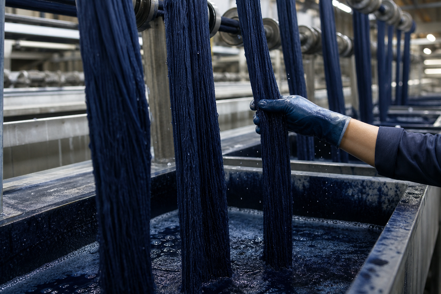 Indigo yarn ropes moving through a dyeing line while a specialist checks their tension